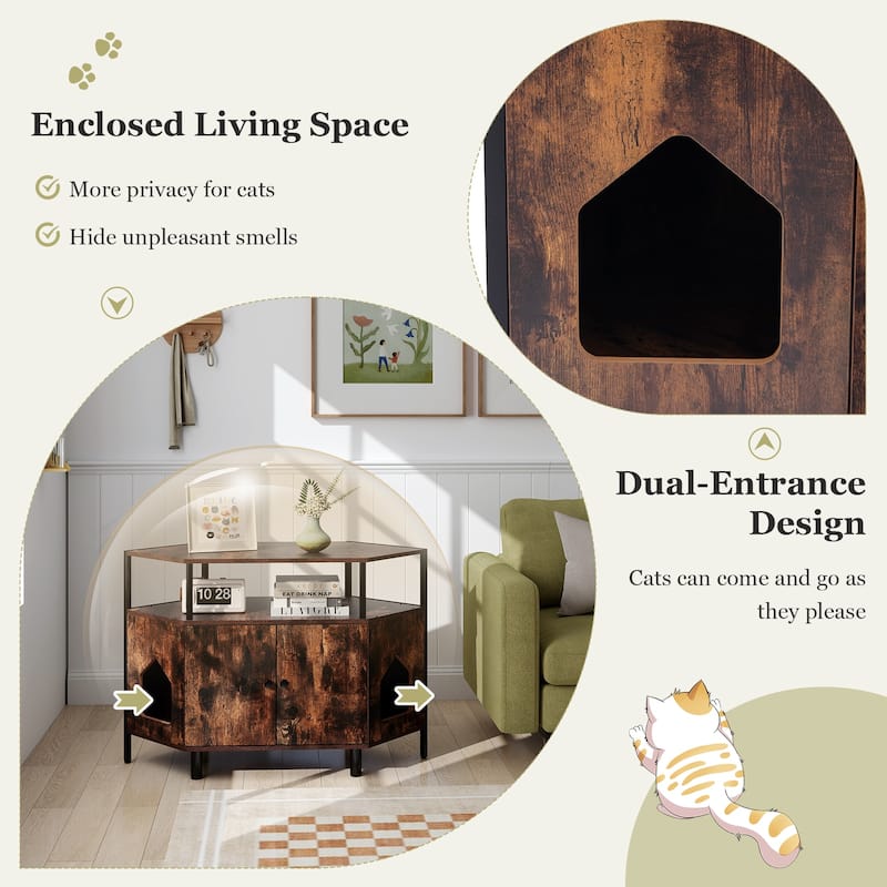 Corner Cat Litter Box Enclosure with Open Shelf 2 Entrances and Metal Legs - 41.5" x 20" x 29"