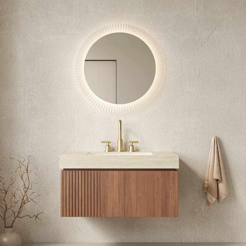 36" Floating Bathroom Vanity & Sink - Plywood Cabinet with Drawer, Stone Top & Ceramic Basin, Pre-Assembled - Beige