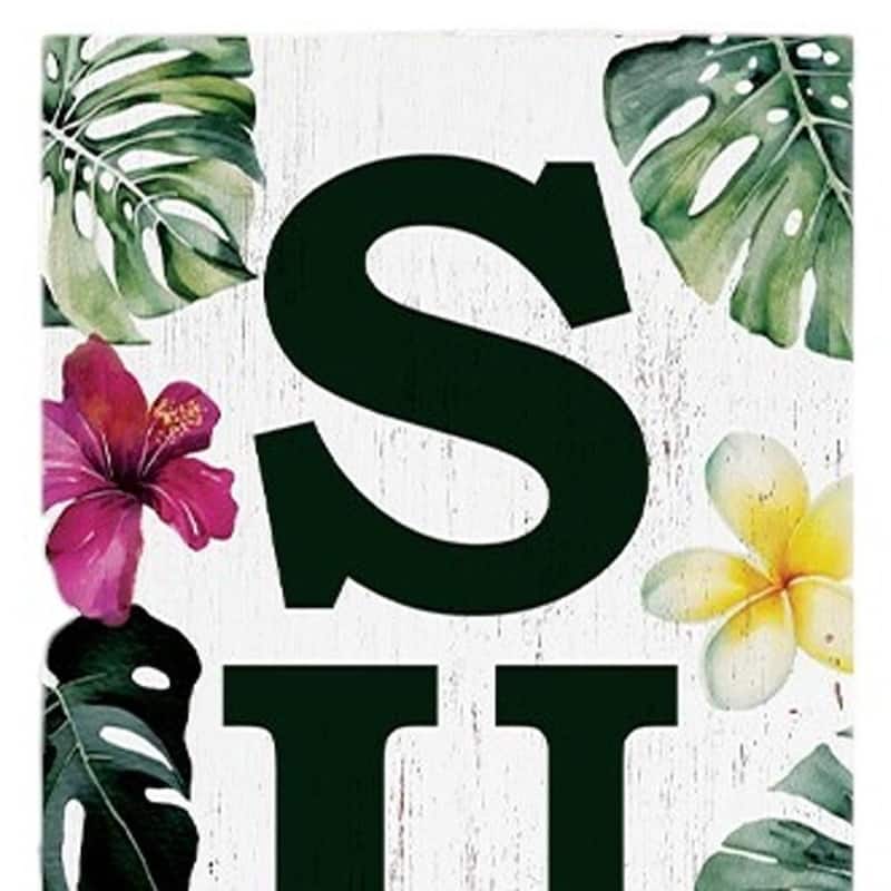 HomeRoots 36" Green Pink And White Solid Wood Tropical Floral Summer Porch Sign