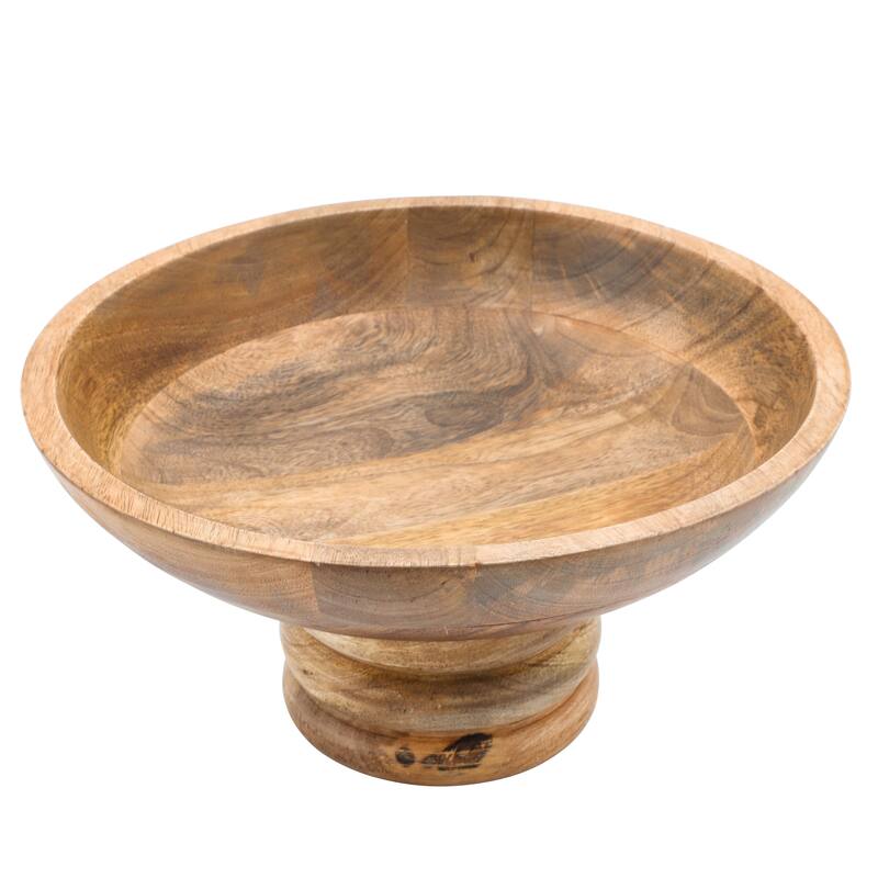 Handmade Wood Bowl with Turned Ring Pedestal, Decorative Kitchen and Home Decor, Natural, 12 L x 12 W x 5 H - 12" x 12" x 5" - 12" x 12" x 5" - Brown
