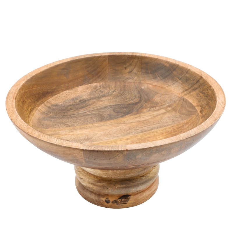 Decorative Round Wooden Bowl with Ribbed Pedestal Base - 12", Brown - 11.75"