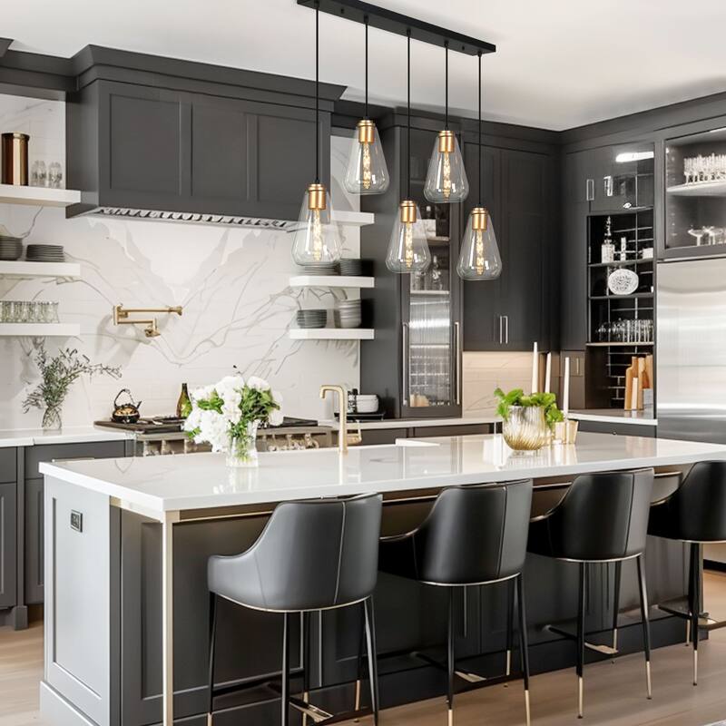 Modern Farmhouse 5-Light Black Gold Chandelier Linear Design with Clear Glass Kitchen Island Light for Dining Room