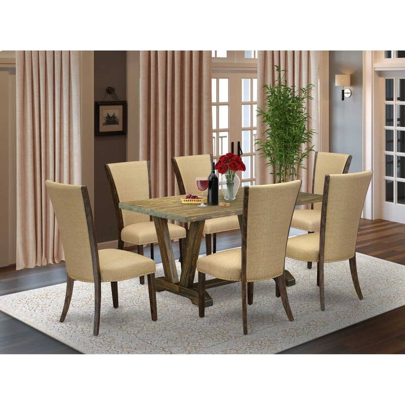 HomeStock 7-Piece Distressed Jacobean Finish Solid Wood Top Dining Table with 6 Parson-Chairs