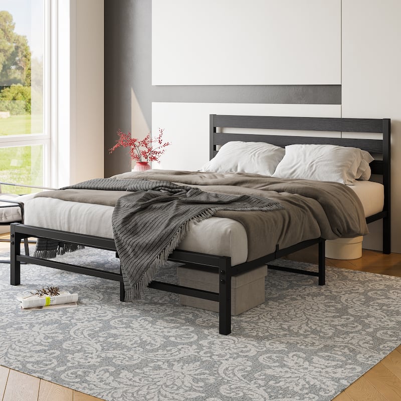 Queen Size Platform Bed with Wooden Headboard, Under Bed Storage, Noise Free, Easy Assembly, Black