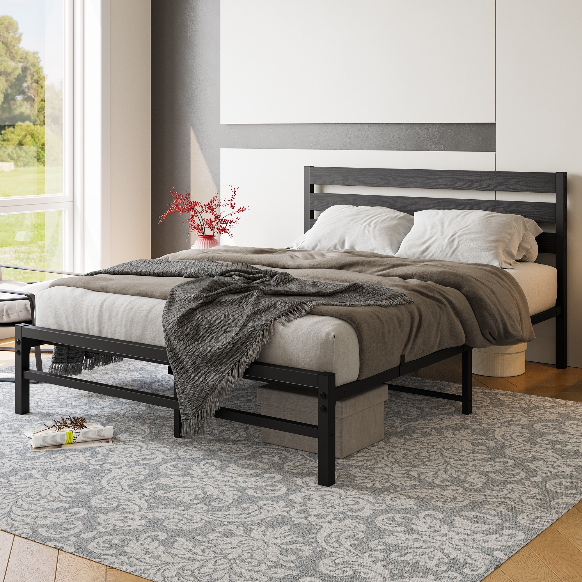 Unique Design Queen Size Platform Bed Frame with Rustic Vintage Wood Headboard No Box Spring Needed On Sale Bed Bath Beyond 41059487
