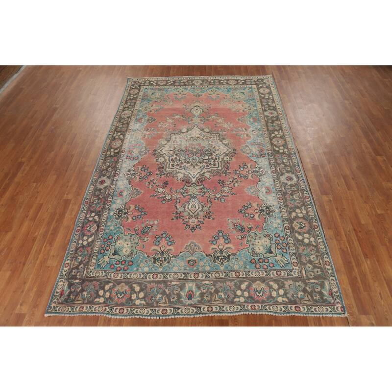 Pink Tabriz Persian Vintage Area Rug Hand-Knotted Wool Carpet - 6'6" x 10'4"