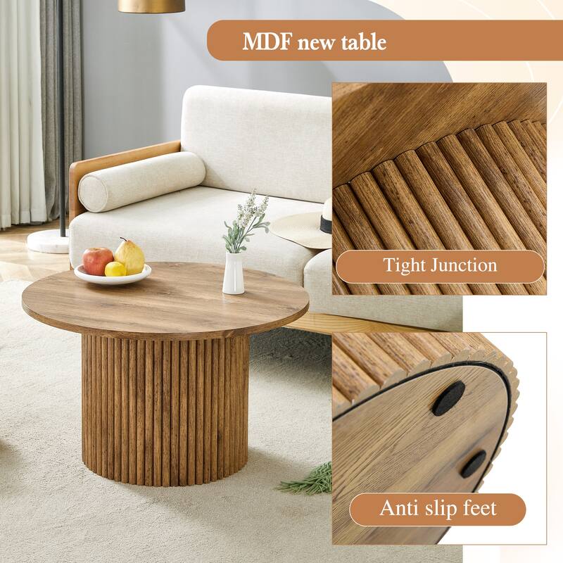 Modern Round Coffee Table with Cylindrical Legs Wooden Center Table with Concealed Storage Space Living Room Tea Table