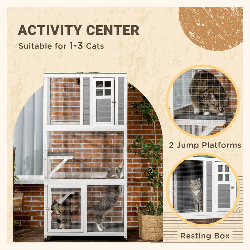 PawHut 74" Wooden Outdoor Cat House Weatherproof & Wheeled, Catio Outdoor Cat Enclosure - Gray