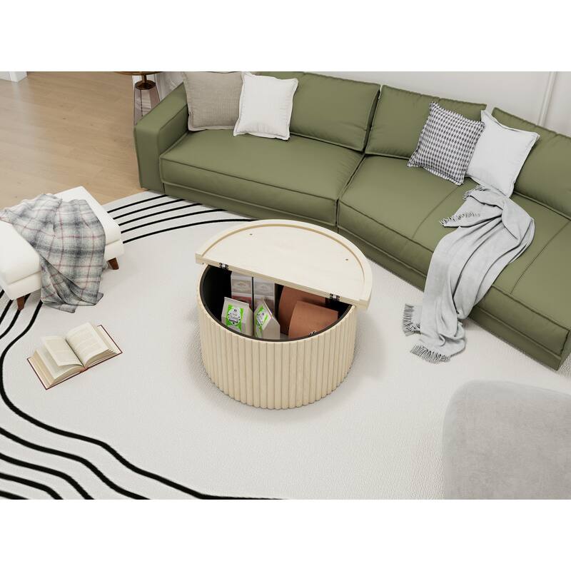 Round Coffee Table with Wood Grain Vertical Stripes, Small Fluted Circle Side Table, Center Table with Adjustable Feet