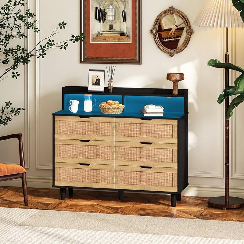 6 Drawer Dresser, Rattan Wood Chest of Drawers , Storage Cabinet Sideboard Console Table - Black - 6-drawer