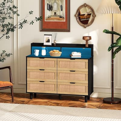 6 Drawer Dresser, Rattan Wood Chest of Drawers , Storage Cabinet Sideboard Console Table