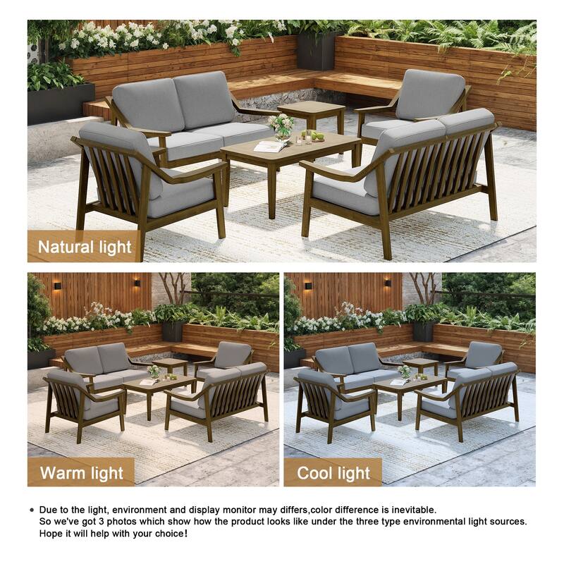 6-piece Wood Patio Chat Set Teak Conversation Set with Cushion