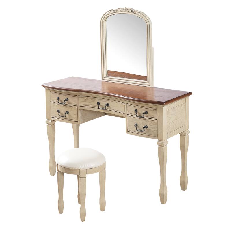 Vanity Desk with Curved Flower Frame Mirror, Dressing Table Set with 5 Drawers & Leather Stool, Wood Makeup Table for Bedroom