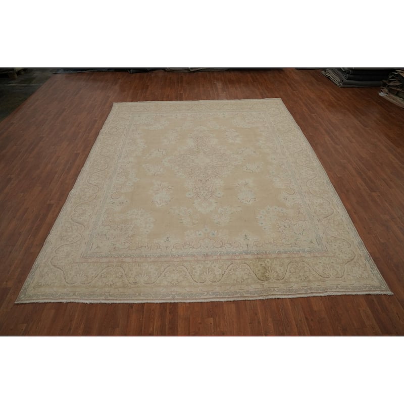 Hand Knotted Oriental 100% Wool Carpet Traditional Floral Beige & Ivories Kerman Area Rug - 12' 4'' X 9' 9''