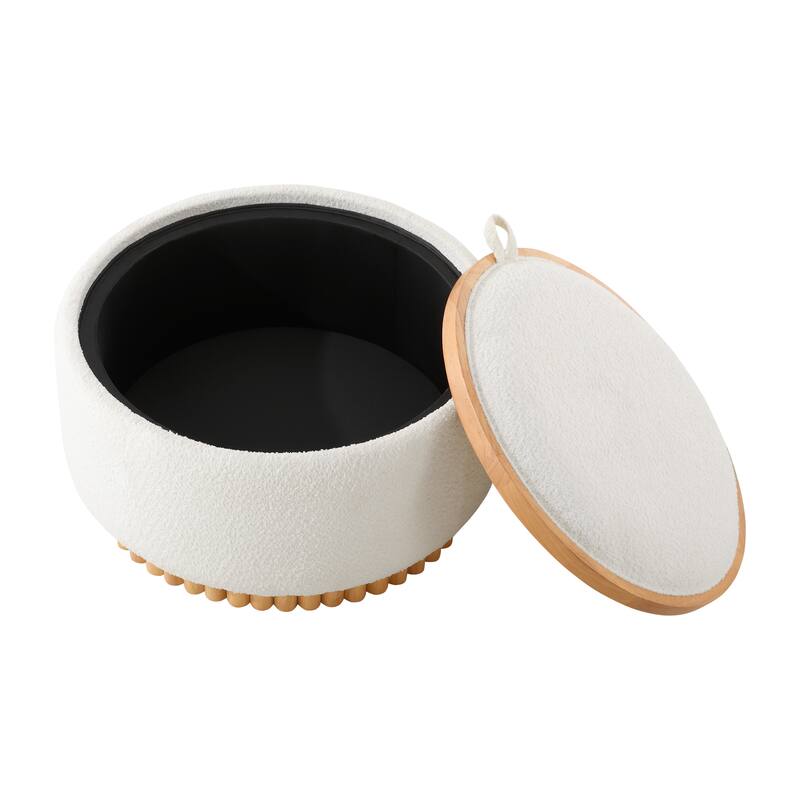 29" Round Storage Ottoman with Solid Wood Legs, Coffee Table with Reversible Lid, Boucle Fabric Footrest for Living Room