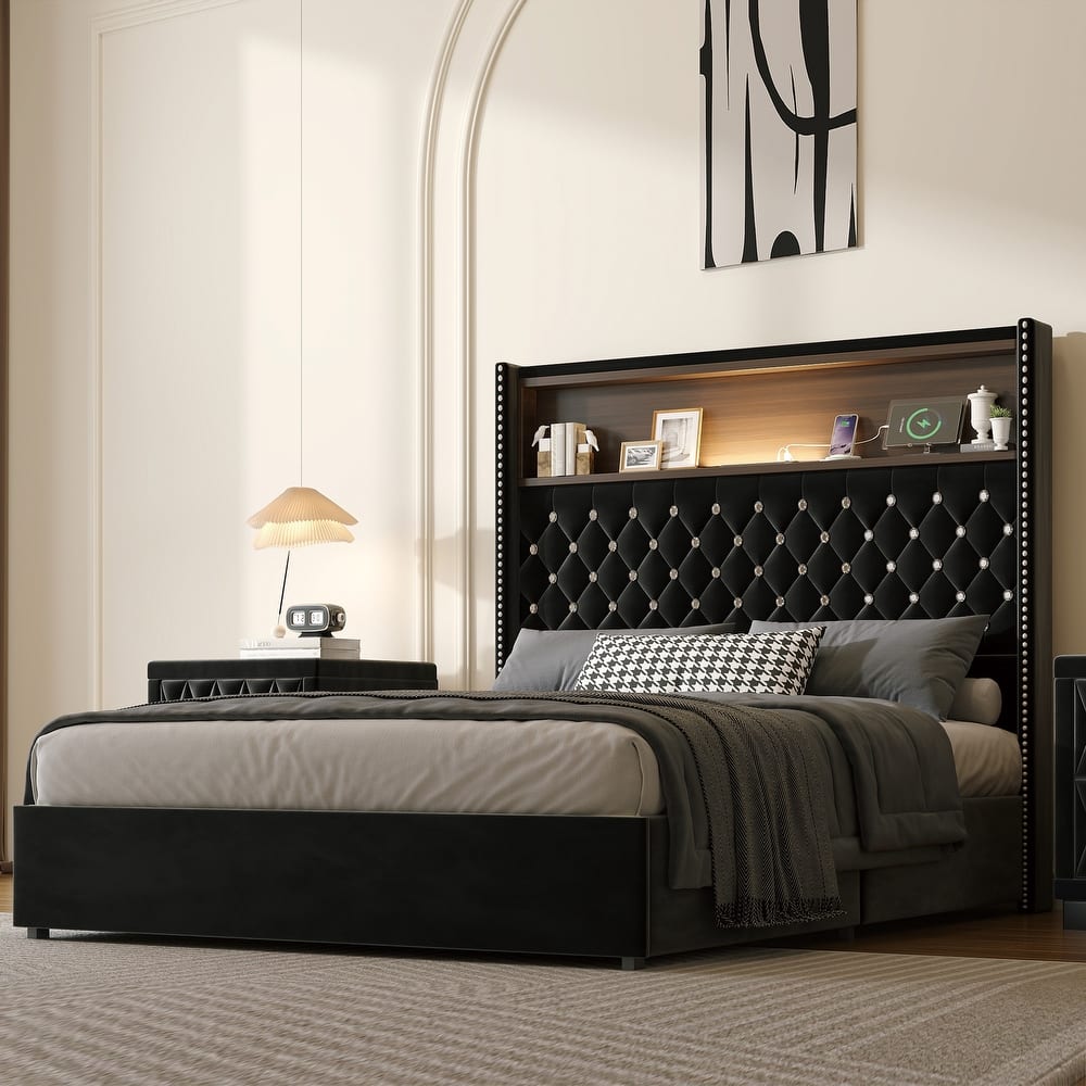 Queen Size Platform Bed Frame Tall Full-backed Headboard Velvet Tufted Upholstered Bed with Wingback USB Charging & Night Light