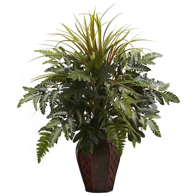 Tall Grass & Fern Arrangement with Planter - Decorative Greenery for Home Office Decor - 2.42ft.