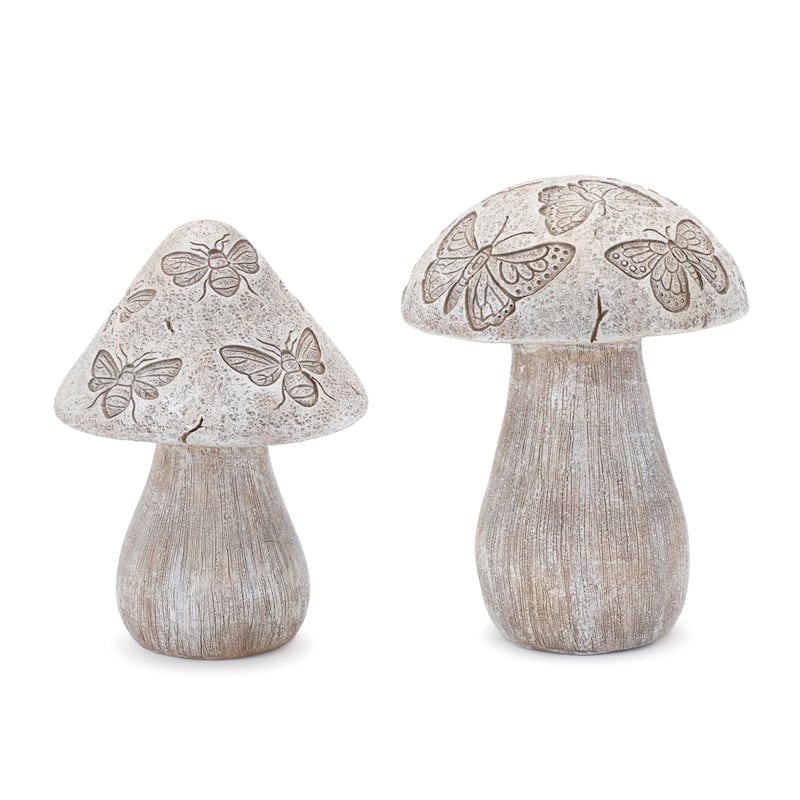 Bumble Bee and Butterfly Printed Mushroom Figurines - 6.5" - Set of 2