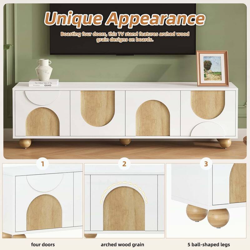 Farmhouse Media Console Table with Rebound Device,5 Solid Wood Legs