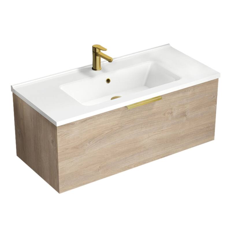 Nameeks Bodrum-3918-W Bodrum 40" Wall Mounted Single Basin Vanity Set - Brown Oak / Matte Gold - Oak Finish
