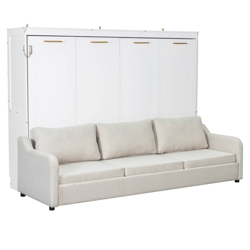 Modern Murphy Bed with Sofa and LED-Lit Bookcase, Folding Wall Bed with Storage Shelves and Platform Frame, Storage Captains Bed