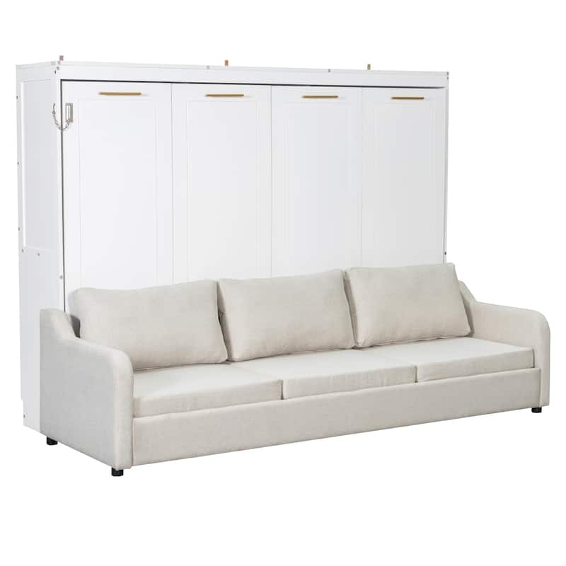 Queen Size Folding Sofa Bed with Built-in Storage and LED Light, Beige