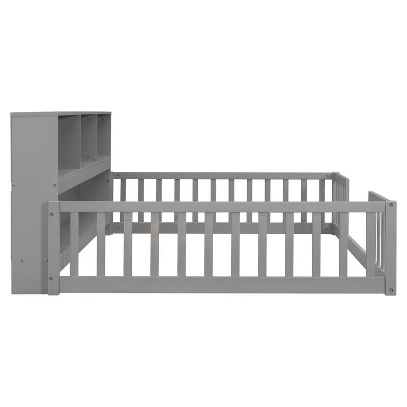 Wooden bed floor bed with bedside bookcase and shelves