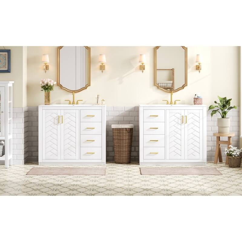 Roomfitters 72 Inch Bathroom Vanity with Ceramic Sink, Solid Wood Frame Cabinet with Sliding Tiers & Soft Close Doors, White