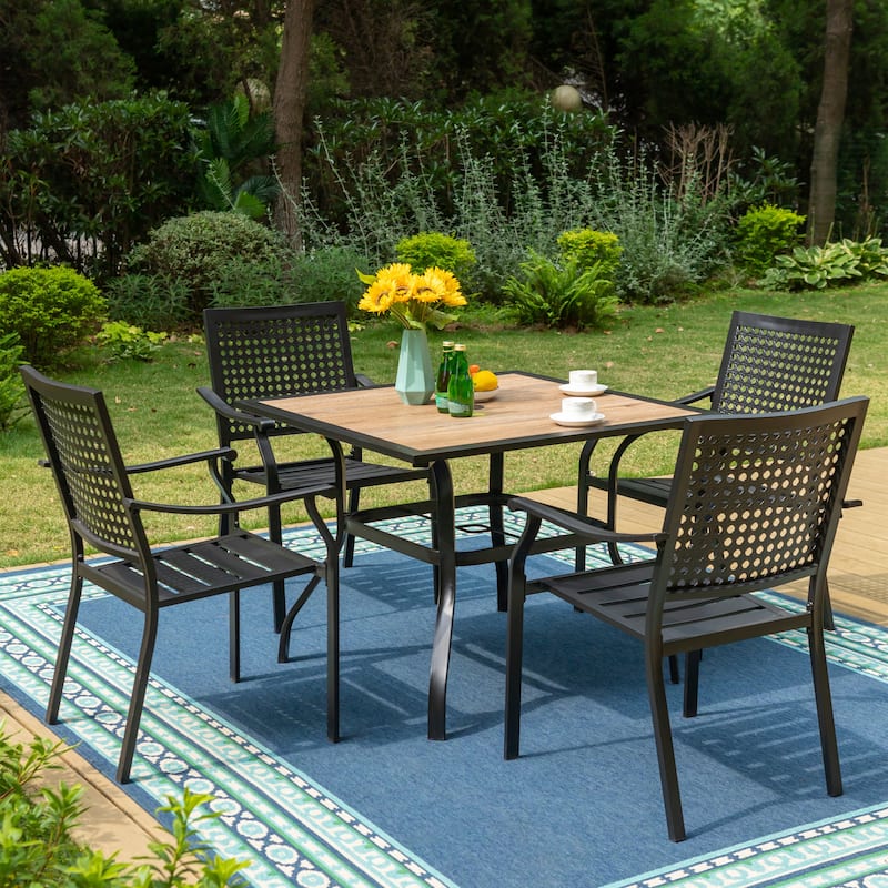 5-Piece Patio E-coating Dining Set of 4 Stackable Chairs & 1 Umbrella Hole Metal Table - Type A