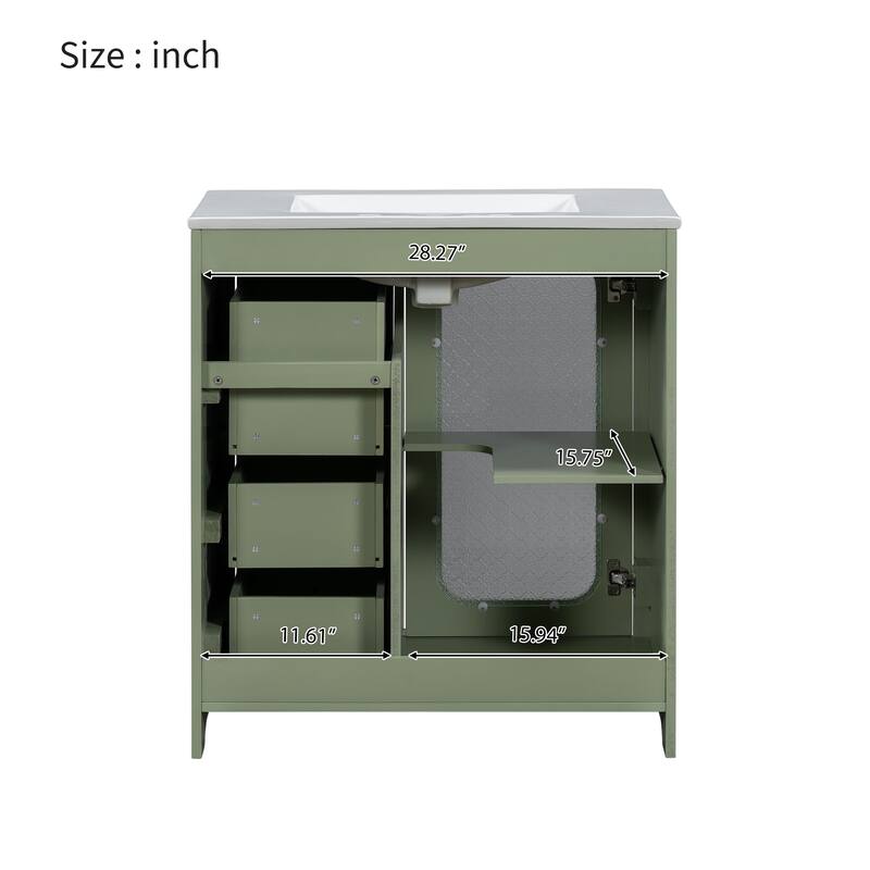 30-inch Bathroom Vanity with a Soft Close Glass Door, Adjustable Shelves, and Three Drawers