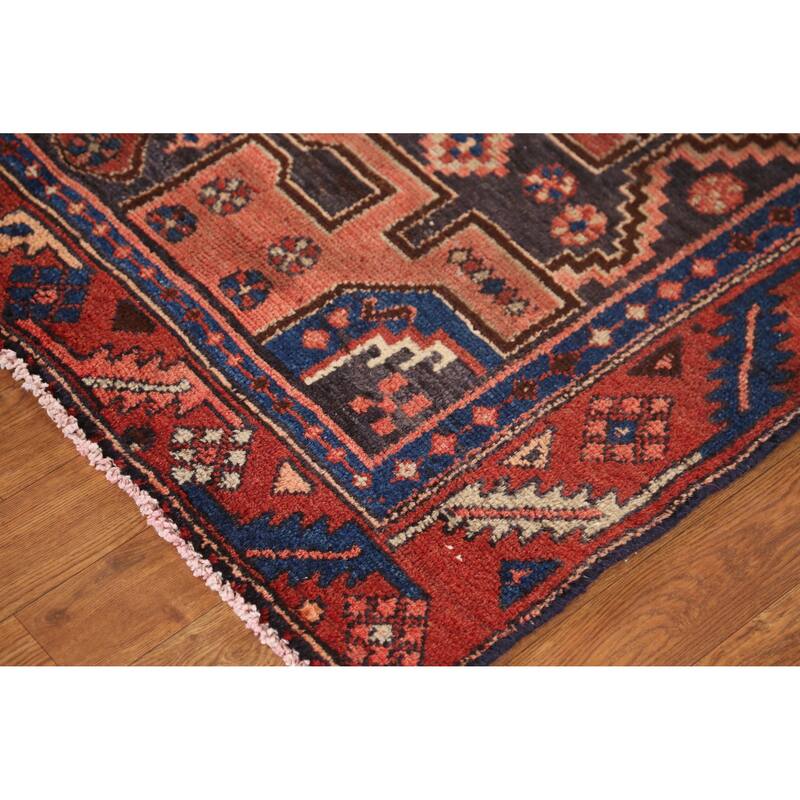 Hand Knotted Oriental 100% Wool Carpet Traditional Geometric Navy Blue & Blues Hamedan Runner Rug - 8' 9'' X 3' 8''