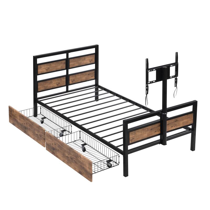 Roomfitters Twin Size Metal Platform Bed with MDF Headboard, Footboard, Two Storage Drawers and Rotatable TV Stand, Brown