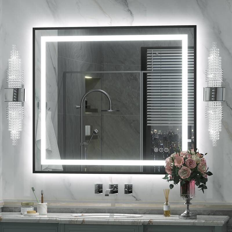 Black Metal Framed LED Front Light and Backlit Anti-Fog Wall Bathroom/ Vanity Mirror - 36" x 32"-Square Corner - Black