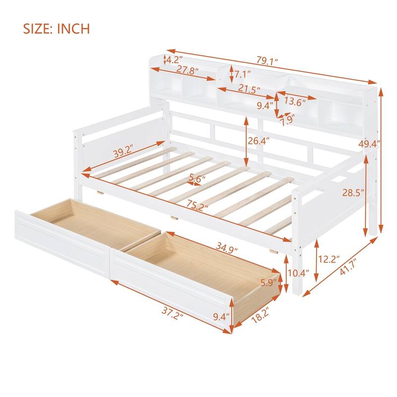 Twin/Full size Daybed with Shelves and Two Drawers