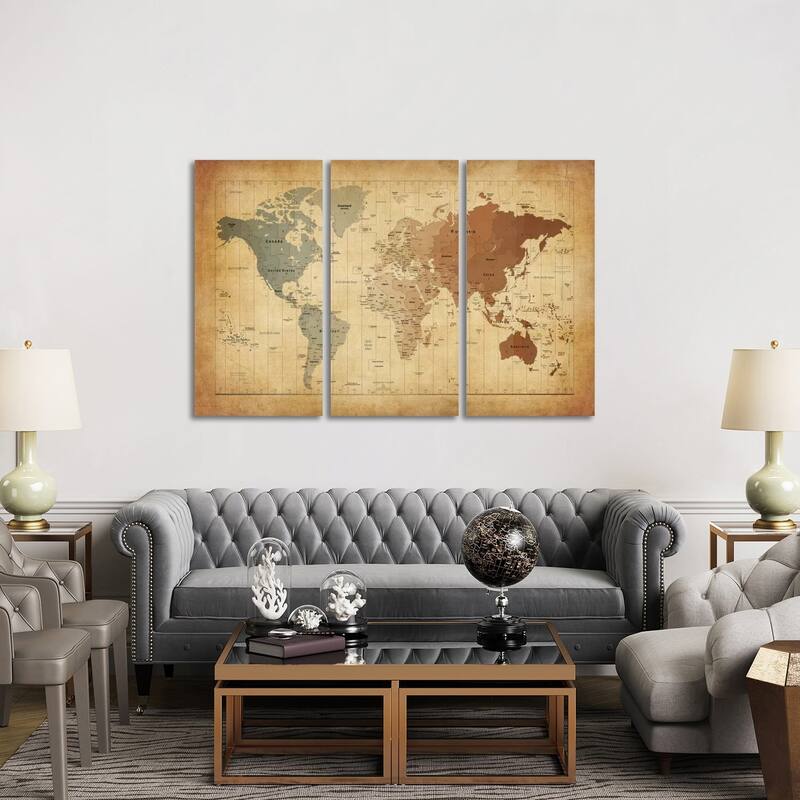 iCanvas "Map of The World III" by Michael Tompsett 3-Piece Canvas Wall Art Set - 40x60x1.5