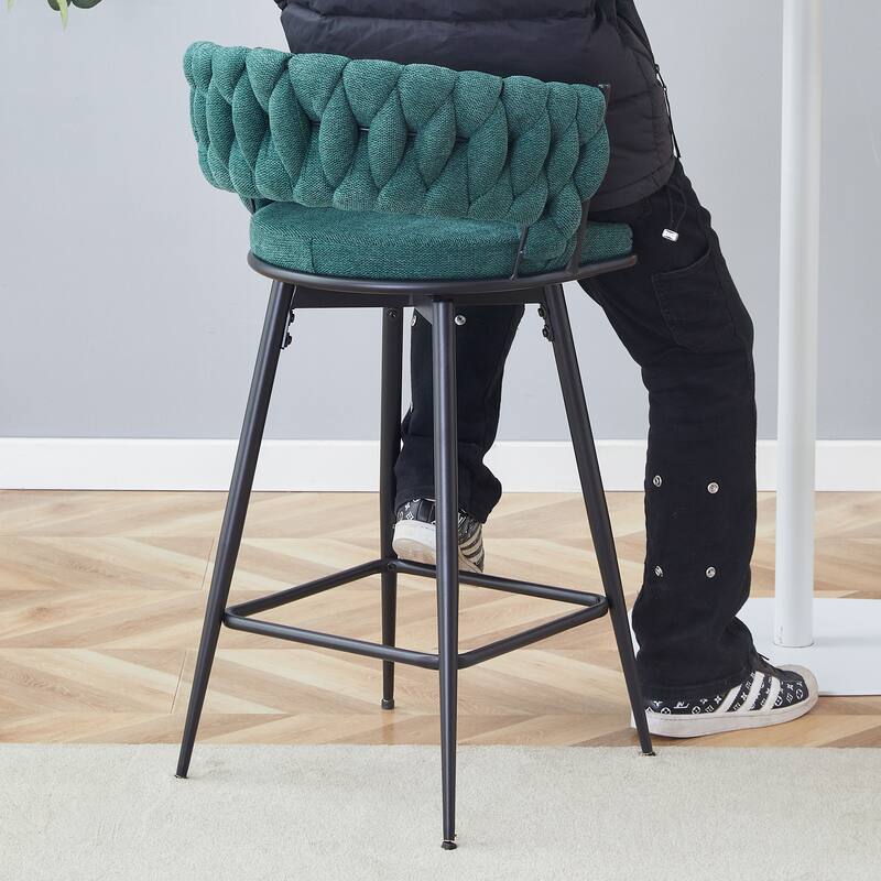 Set of 2 Bar Stools with Breathable Cotton and Linen Soft Cushions, Black spray-painted Iron Frame