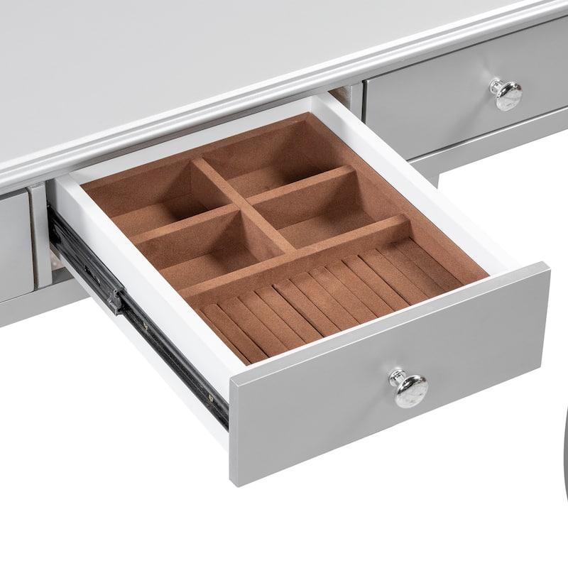 Luxury Makeup Vanity Desk with Oval Mirror, 3-Drawer Dressing Table - Silver