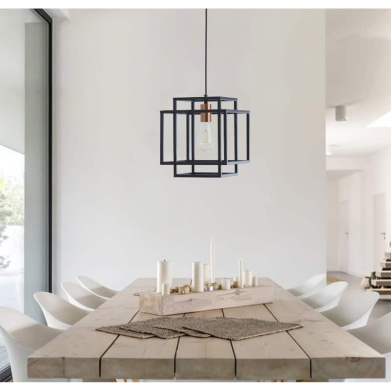 Modern Black Finish Rectangle Iron Frame Pendant Light - Black