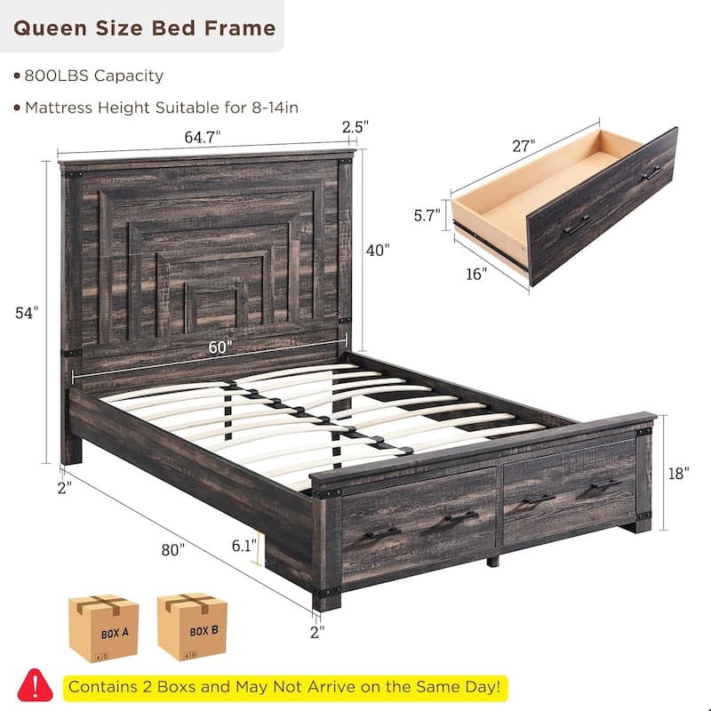 Farmhouse Wood Bed Frame with 54" Tall Headboard, 2 Large Drawers