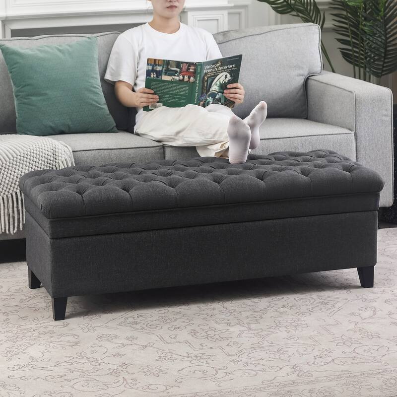 Adeco Linen Rectangle Storage Ottoman for Living Room Bedroom