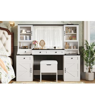 Large Makeup Vanity Desk with Mirror & Lights, Glass Top Vanity Set with Charging Station & Cabinets, Dressing Table with Stool
