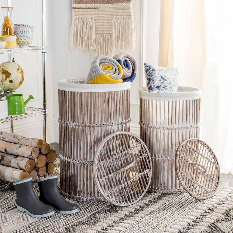 SAFAVIEH Andreia White Wash Rattan Storage Hamper with Liner - 17.7" x 17.7" x 29.5" - 18Wx18Dx30H - White