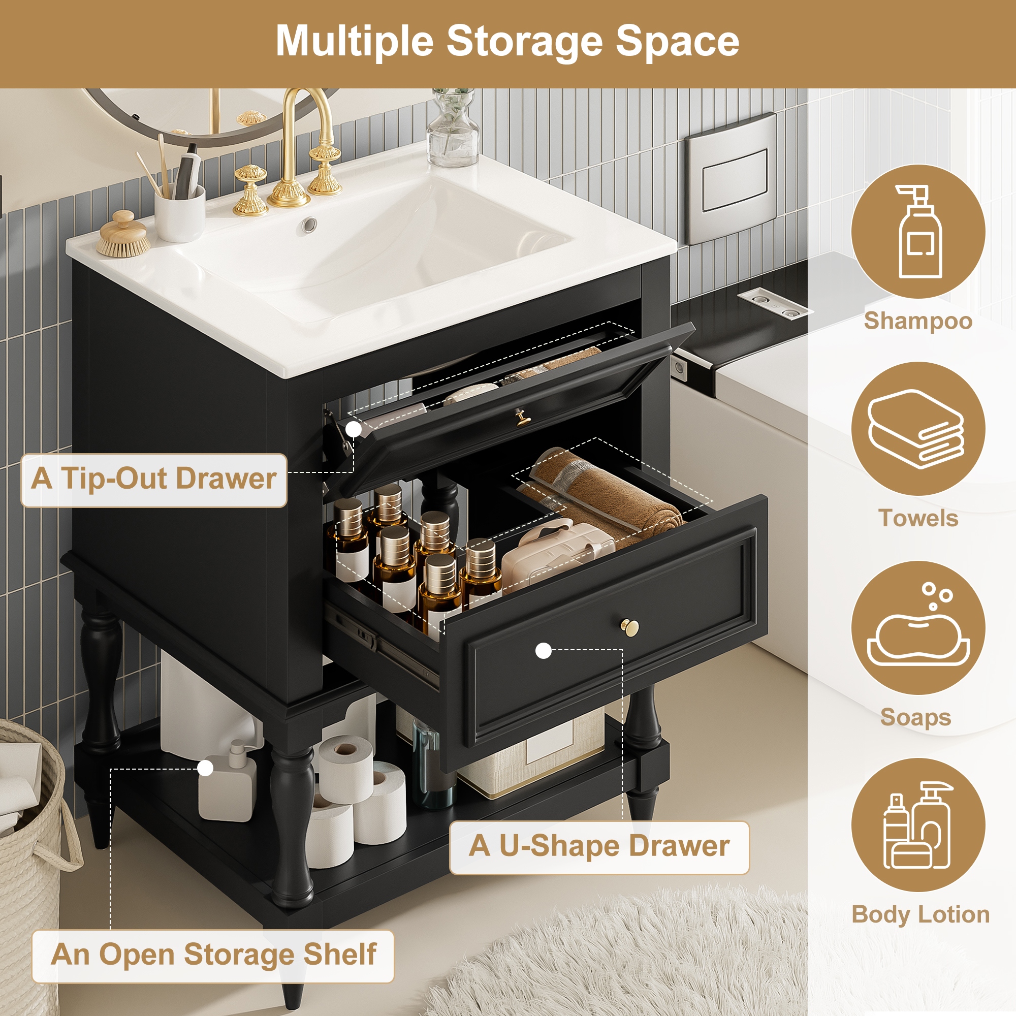 24" Retro Bathroom Vanity with Ceramic Sink & 2 Drawers - Solid Wood Storage Cabinet with Open Shelf