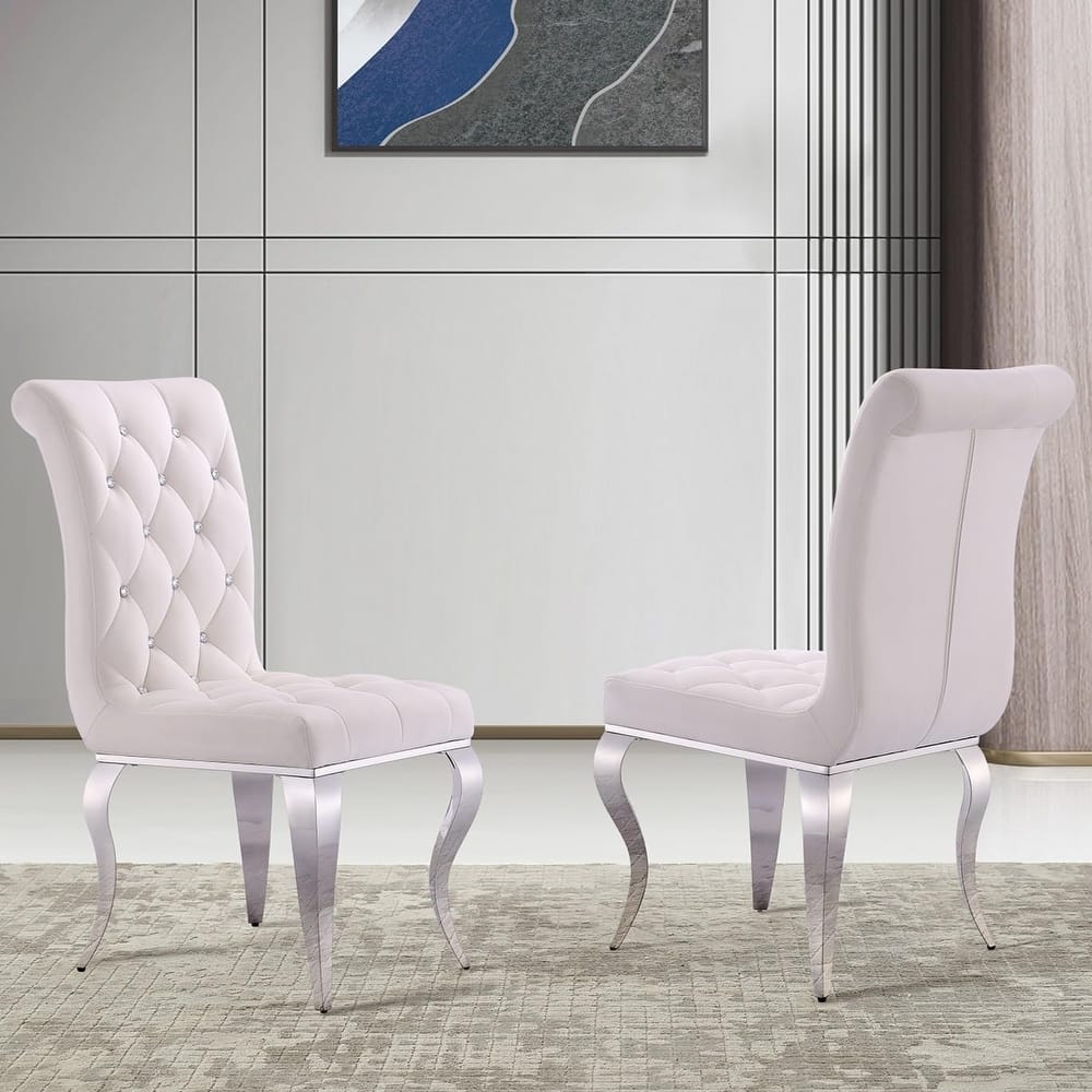 Luxury White Velvet Dining Chairs with Crystal Decor Button Tufted Back and Mirrored Silver Legs