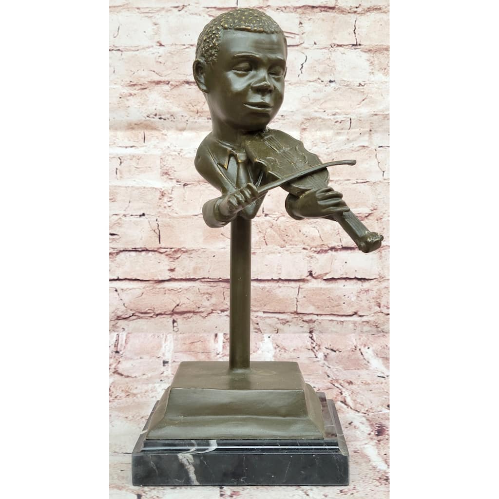 Bronze Boy Playing Violin Sculpture – Musical Bust On Marble Base
