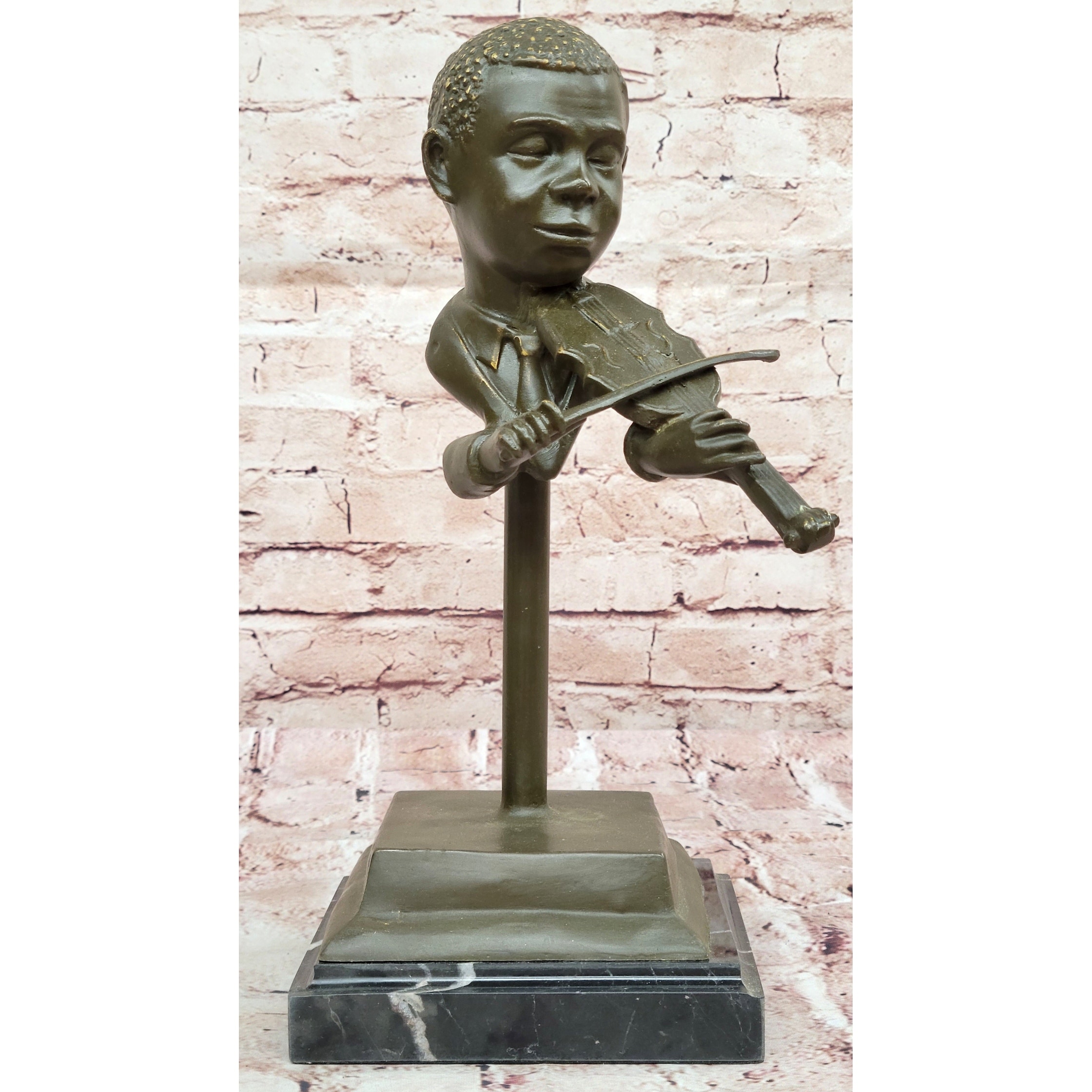 Bronze Boy Playing Violin Sculpture – Musical Bust On Marble Base