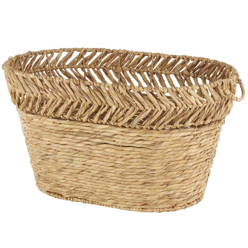 Brown Seagrass Handmade Large Woven Oval Decorative and Functional Storage Basket with Zig Zag Patterned Rim