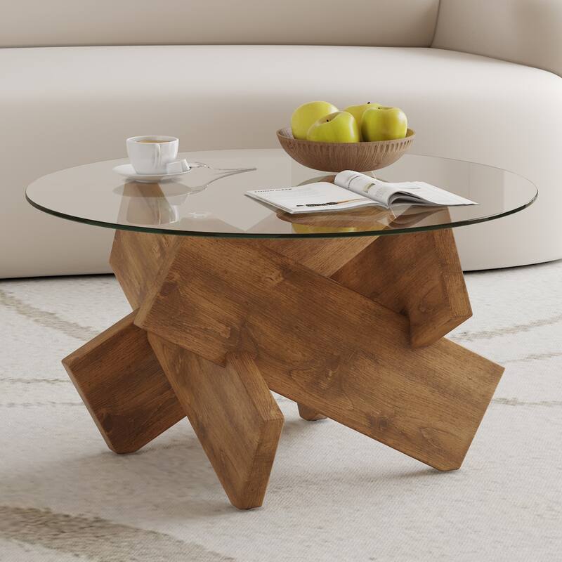 Roomfitters Round Glass Coffee Table with Wood Color MDF Legs, 33.4" Tempered Top Tea Table for Modern Homes