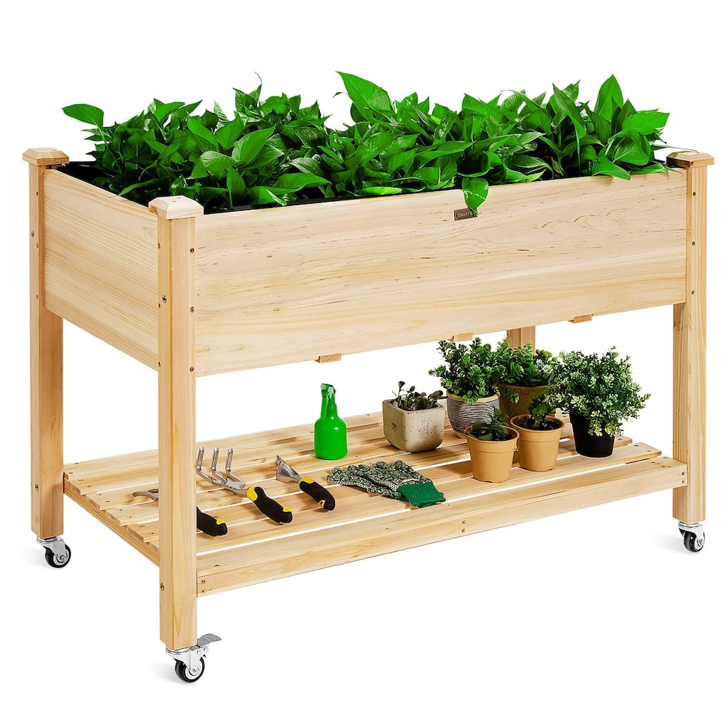 Raised Garden Bed on Wheels, Wood Planter Box with Legs, Liner, Drain Holes, Elevated Garden Bed, Standing Garden Container