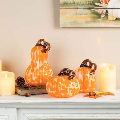 Glitzhome Set of 3 Fall Harvest Orange Dots Glass Pumpkin & Gourd Halloween Thanksgiving Decorating